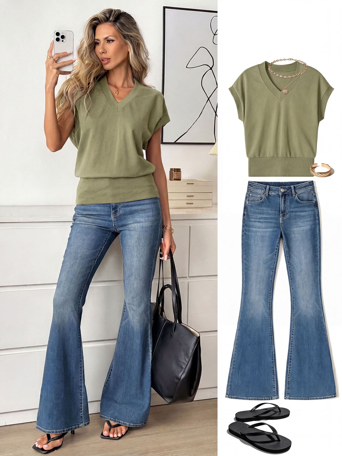 Easowa Women's Solid Color V-Neck Batwing Short Sleeve Casual T-Shirt Travel Olive Green Summer - Green - View 1