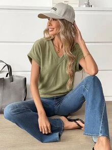 Easowa Women's Solid Color V-Neck Batwing Short Sleeve Casual T-Shirt Travel Olive Green Summer - Green - View 5