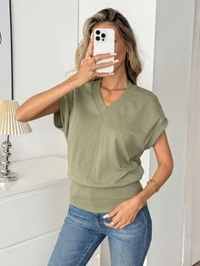 Easowa Women's Solid Color V-Neck Batwing Short Sleeve Casual T-Shirt Travel Olive Green Summer - Green - View 6