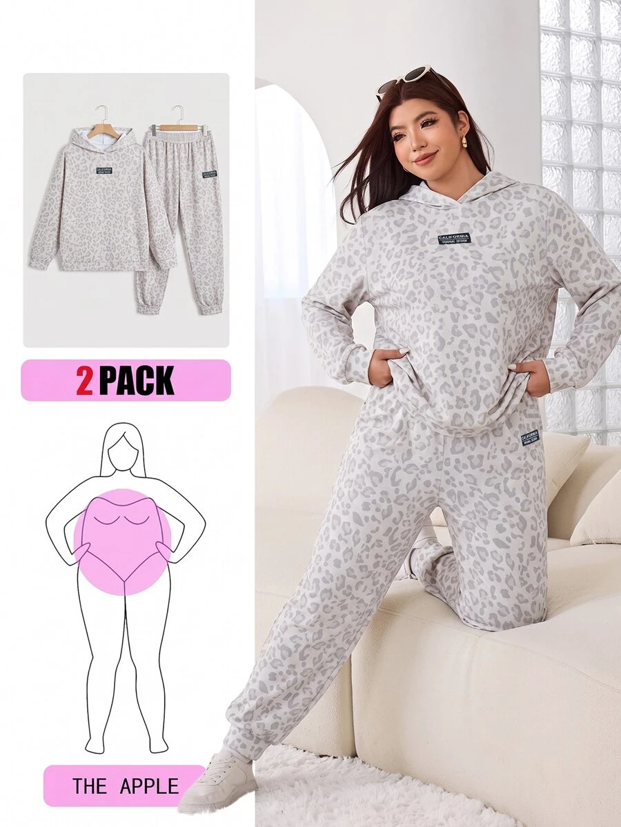 Solflare Plus Size Leopard Print Hooded Top And Pants 2 Pieces Set - Multicolor - View 1