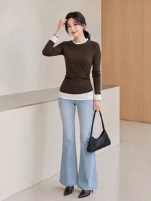 Yumoku Women's Colorblock 2 In 1 Brushed Base Layer Top, Irregular Ruched Waist Slimming Long Sleeve T-Shirt Office Everyday Dark Brown Autumn Casual Basic - Coffee Brown - View 4