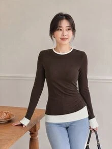 Yumoku Women's Colorblock 2 In 1 Brushed Base Layer Top, Irregular Ruched Waist Slimming Long Sleeve T-Shirt Office Everyday Dark Brown Autumn Casual Basic - Coffee Brown - View 7