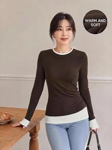 Yumoku Women's Colorblock 2 In 1 Brushed Base Layer Top, Irregular Ruched Waist Slimming Long Sleeve T-Shirt Office Everyday Dark Brown Autumn Casual Basic - Coffee Brown - View 1