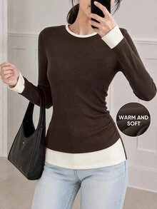Yumoku Women's Colorblock 2 In 1 Brushed Base Layer Top, Irregular Ruched Waist Slimming Long Sleeve T-Shirt Office Everyday Dark Brown Autumn Casual Basic - Coffee Brown - View 5