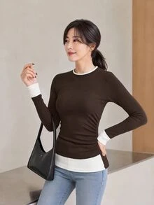 Yumoku Women's Colorblock 2 In 1 Brushed Base Layer Top, Irregular Ruched Waist Slimming Long Sleeve T-Shirt Office Everyday Dark Brown Autumn Casual Basic - Coffee Brown - View 3