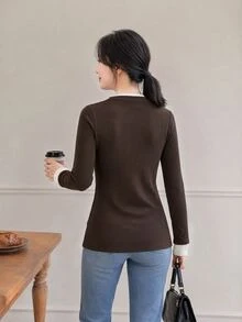 Yumoku Women's Colorblock 2 In 1 Brushed Base Layer Top, Irregular Ruched Waist Slimming Long Sleeve T-Shirt Office Everyday Dark Brown Autumn Casual Basic - Coffee Brown - View 6