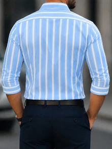 Manfinity Mode Men's Casual Business Long Sleeve Shirt,Blue And White Stripe Button-Front Digital Print Office Work Top,Summer Old Money Streetwear Boyfriend Gift - Blue and White - View 2