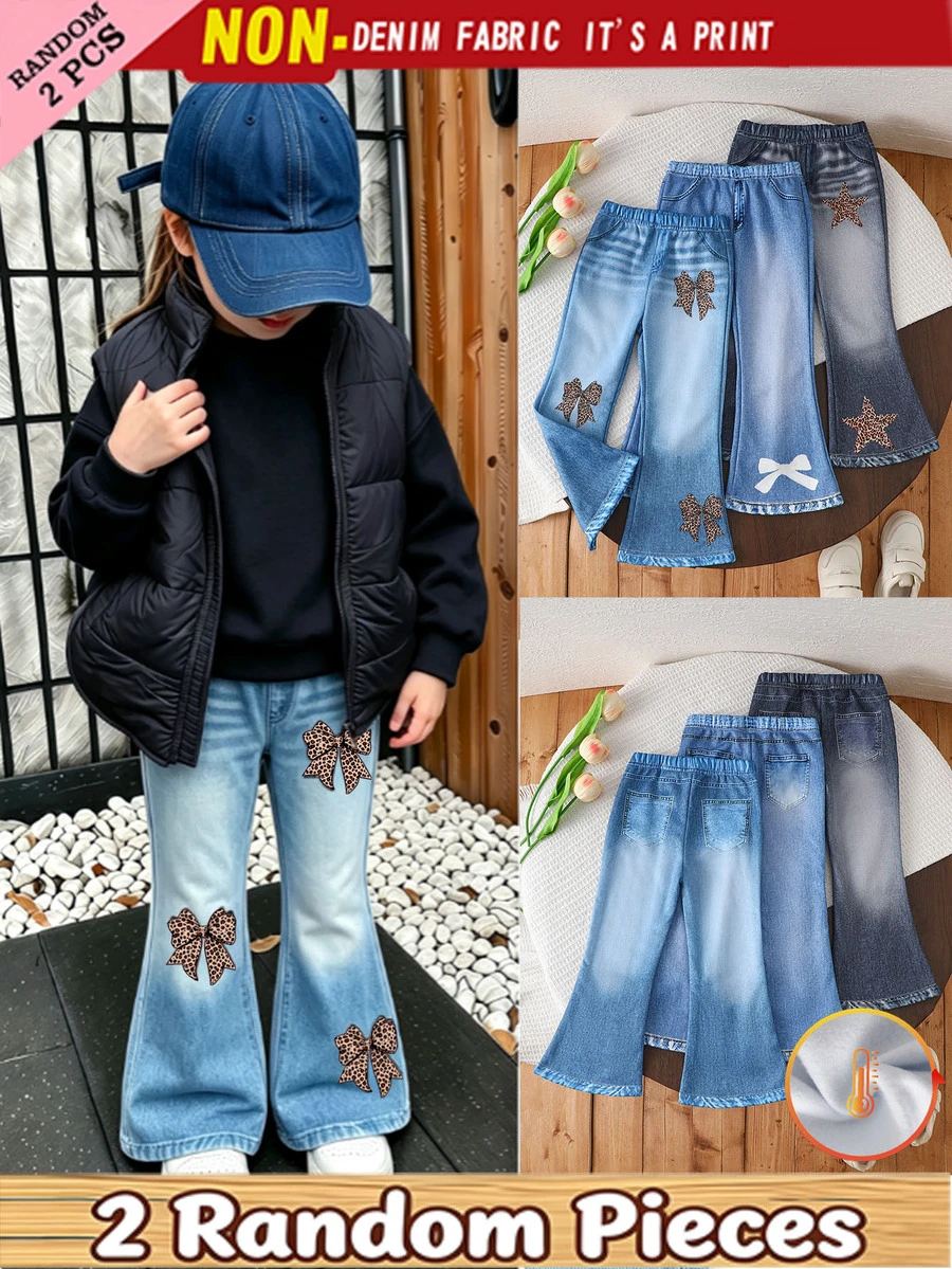 2件組隨機款女童4-7歲蝴蝶結丹寧印花喇叭褲,彈性腰保暖喇叭長褲,適合秋冬日常上學與戶外玩耍穿搭 - 黑色 - 查看 1