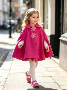 SHEIN Elladie kids 女童玫瑰紅拼接3D鉤編花朵披肩領大衣，淑女風，秋冬新款，開學季，假日穿搭 - 玫紅色 - 查看 6