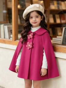 SHEIN Elladie kids 女童玫瑰紅拼接3D鉤編花朵披肩領大衣，淑女風，秋冬新款，開學季，假日穿搭 - 玫紅色 - 查看 4