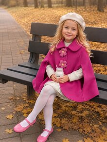 SHEIN Elladie kids 女童玫瑰紅拼接3D鉤編花朵披肩領大衣，淑女風，秋冬新款，開學季，假日穿搭 - 玫紅色 - 查看 1