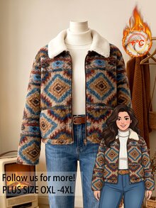 Rusticease Plus Size Women's Geometric Pattern Long Sleeve Zip-Up Jacket - Khaki - View 1