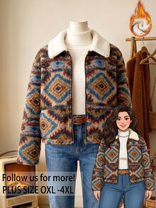 Rusticease Plus Size Women's Geometric Pattern Long Sleeve Zip-Up Jacket - Khaki - View 2