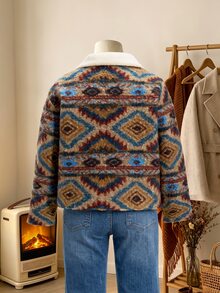 Rusticease Plus Size Women's Geometric Pattern Long Sleeve Zip-Up Jacket - Khaki - View 4