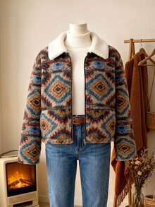 Rusticease Plus Size Women's Geometric Pattern Long Sleeve Zip-Up Jacket - Khaki - View 3