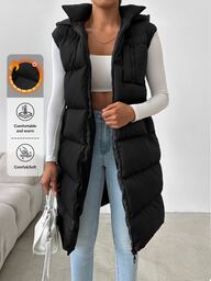SHEIN Veste matelassée à capuche zippée de couleur noire unie avec poches pour femmes grandes tailles