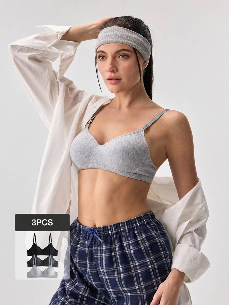 Loungeista 3pcs/Set Women Comfortable Sleep Soft Cup Wireless Cotton Bras, Multiple Colors - Multicolor - View 1