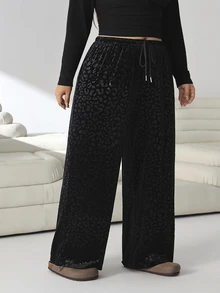 Solflare Plus Size Casual Loose Leopard Print Jacquard Pants - Black - View 3