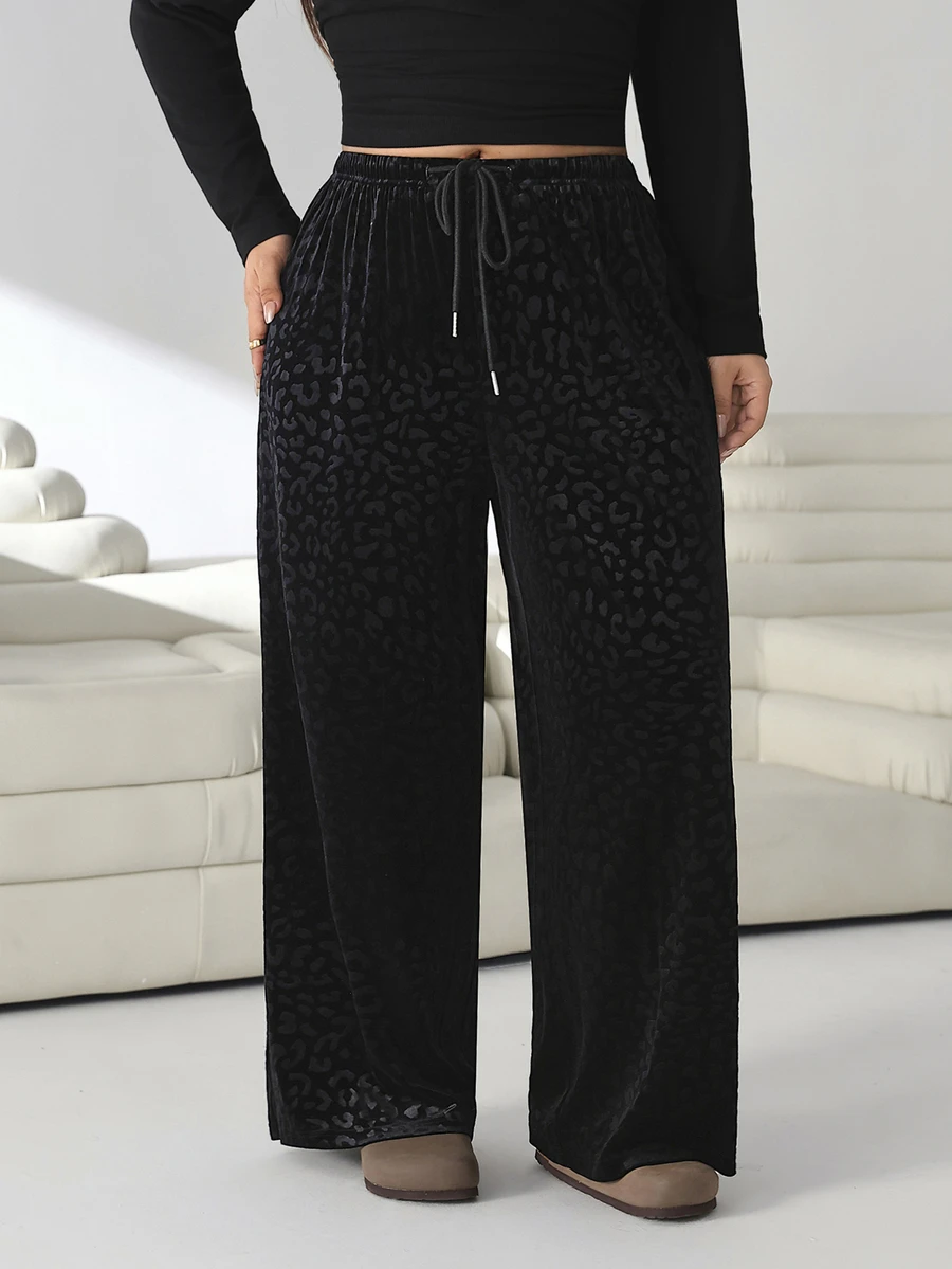 Solflare Plus Size Casual Loose Leopard Print Jacquard Pants - Black - View 1