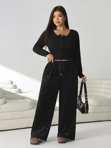 Solflare Plus Size Casual Loose Leopard Print Jacquard Pants - Black - View 4