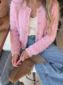 SHEIN Cardigan Longgar Berkerah Bulat Lengan Panjang Warna Pink Lembut untuk Brunch, Musim Gugur, Romantis, Elegan, dan Imut - Berwarna merah muda - View 8