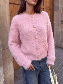 SHEIN Cardigan Longgar Berkerah Bulat Lengan Panjang Warna Pink Lembut untuk Brunch, Musim Gugur, Romantis, Elegan, dan Imut - Berwarna merah muda - View 5