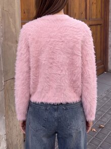 SHEIN Cardigan Longgar Berkerah Bulat Lengan Panjang Warna Pink Lembut untuk Brunch, Musim Gugur, Romantis, Elegan, dan Imut - Berwarna merah muda - View 2