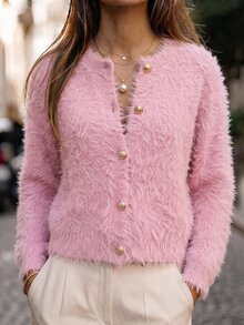 SHEIN Cardigan Longgar Berkerah Bulat Lengan Panjang Warna Pink Lembut untuk Brunch, Musim Gugur, Romantis, Elegan, dan Imut - Berwarna merah muda - View 3