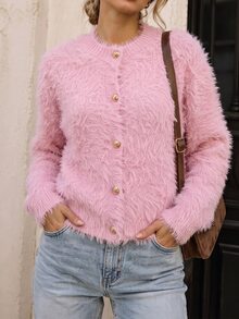 SHEIN Cardigan Longgar Berkerah Bulat Lengan Panjang Warna Pink Lembut untuk Brunch, Musim Gugur, Romantis, Elegan, dan Imut - Berwarna merah muda - View 4