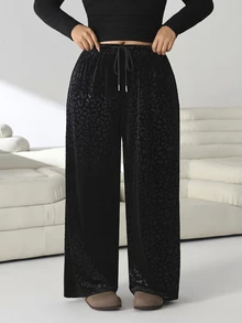 Solflare Plus Size Casual Loose Leopard Print Jacquard Pants - Black - View 5