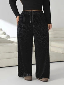 Solflare Plus Size Casual Loose Leopard Print Jacquard Pants - Black - View 3