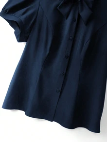 GlowEve CURVE Plus Size Summer Casual Butterfly Decor Puff Sleeve Blouse - Navy Blue - View 3
