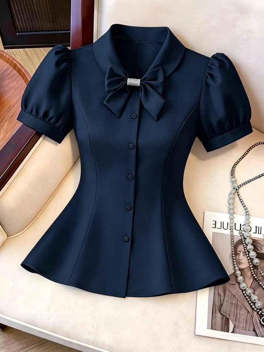 GlowEve CURVE Plus Size Summer Casual Butterfly Decor Puff Sleeve Blouse - Navy Blue - View 1