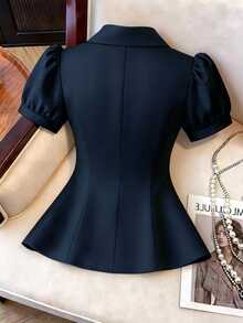 GlowEve CURVE Plus Size Summer Casual Butterfly Decor Puff Sleeve Blouse - Navy Blue - View 2