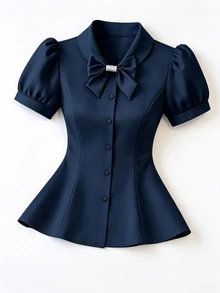 GlowEve CURVE Plus Size Summer Casual Butterfly Decor Puff Sleeve Blouse - Navy Blue - View 4