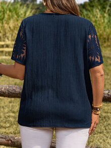 Rosumi Plus Size Solid Color Mesh Patchwork Loose Elegant Short Sleeve Navy Blue Blouse,Summer Vacation - Navy Blue - View 2