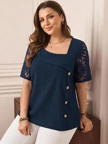 Rosumi Plus Size Solid Color Mesh Patchwork Loose Elegant Short Sleeve Navy Blue Blouse,Summer Vacation - Navy Blue - View 1