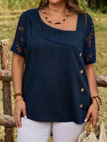 Rosumi Plus Size Solid Color Mesh Patchwork Loose Elegant Short Sleeve Navy Blue Blouse,Summer Vacation - Navy Blue - View 3