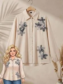 Rusticease Plus Size Women's 3D Floral Decor Long Sleeve Single-Breasted Shirt - Apricot - View 1