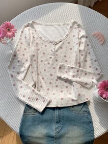 Comfortcana 女款花卉長袖鈕扣設計休閒T恤 - 彩色 - 查看 6