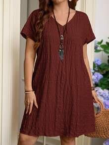 Rosumi Plus Size Summer Casual Solid Color Textured Dress - Redwood - View 9