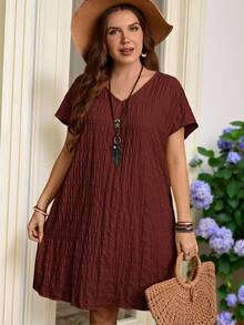 Rosumi Plus Size Summer Casual Solid Color Textured Dress - Redwood - View 10