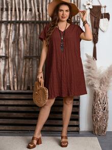 Rosumi Plus Size Summer Casual Solid Color Textured Dress - Redwood - View 5