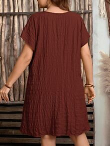Rosumi Plus Size Summer Casual Solid Color Textured Dress - Redwood - View 2