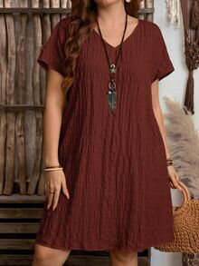 Rosumi Plus Size Summer Casual Solid Color Textured Dress - Redwood - View 6