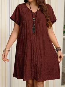 Rosumi Plus Size Summer Casual Solid Color Textured Dress - Redwood - View 11