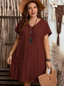 Rosumi Plus Size Summer Casual Solid Color Textured Dress - Redwood - View 12
