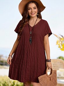 Rosumi Plus Size Summer Casual Solid Color Textured Dress - Redwood - View 16