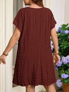 Rosumi Plus Size Summer Casual Solid Color Textured Dress - Redwood - View 15