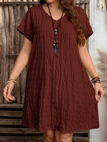 Rosumi Plus Size Summer Casual Solid Color Textured Dress - Redwood - View 4